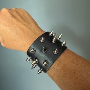 Set of 2 Black Leather Studded Spike Bracelets Punk Goth Rock Cuff Wrap